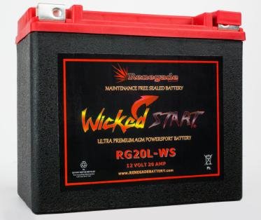 RG20L-WS Wicked Start 500+ CCA Battery; Harley 2014 Street Bob; Part# 16L-BS, BTX20L-BS, ES20LBS, YTX20L-BS, 65989-97A/B/C